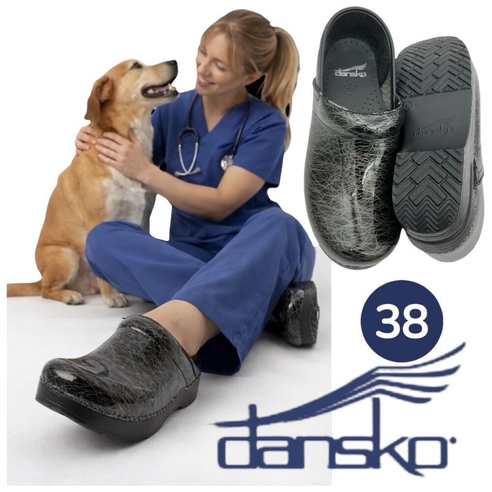 Dansko Women's Swirl Print Patent Leather Clogs Nurse Shoes Black Olive Size 38